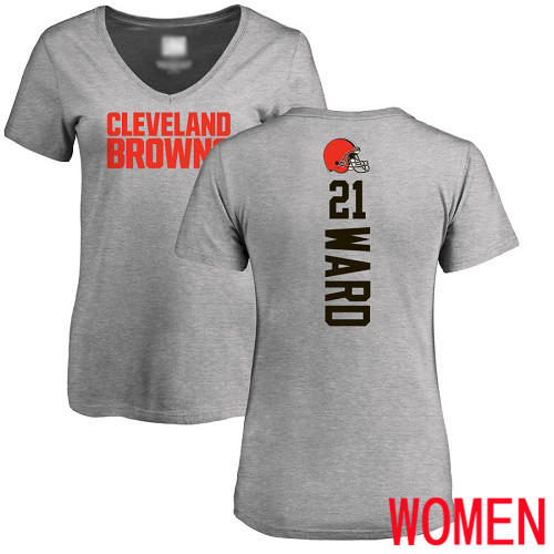 Cleveland Browns Denzel Ward Women Ash Jersey #21 NFL Football Backer V-Neck T Shirt